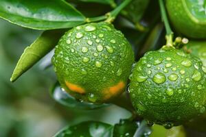 A close up of two green limes with water droplets photo
