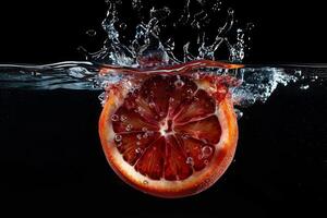 An orange is splashing into the water photo