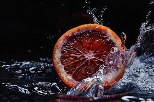 An orange slice is being splashed with water photo