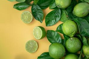Lime and green leaves on a yellow background photo