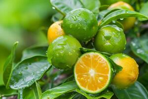 A bunch of oranges on a tree with water drops photo