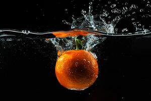 An orange is being splashed in water photo