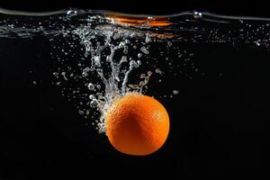 An orange is being dropped into water photo