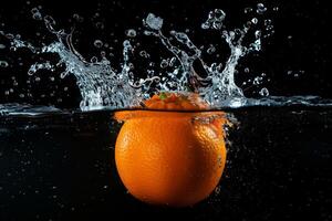 An orange being splashed with water photo