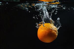 An orange is being splashed into the water photo