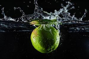 A lime is being splashed into the water photo