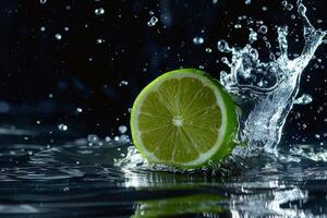 A lime is being splashed with water photo