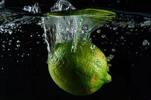 A lime is being splashed into the water photo