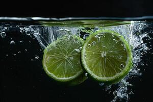 Two limes are floating in water photo