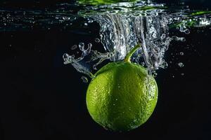 A lime is being splashed into the water photo