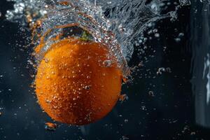 An orange is being splashed with water photo