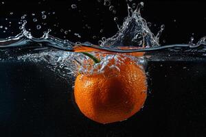 An orange is falling into water photo