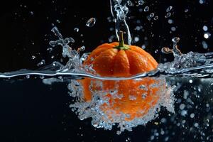 An orange is being splashed in water photo