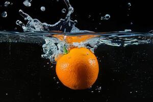 An orange is being splashed in water photo