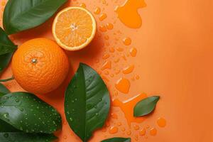 Orange and leaves on a bright orange background photo