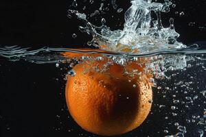 An orange being splashed with water photo