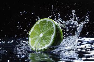 A lime is being splashed with water photo