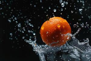 An orange is being splashed with water photo