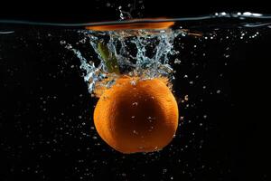 An orange is being dropped into water photo