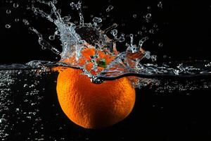 An orange being splashed with water photo