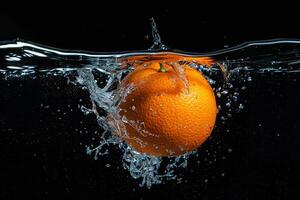 An orange is being splashed in water photo
