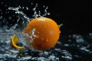 An orange being splashed with water photo