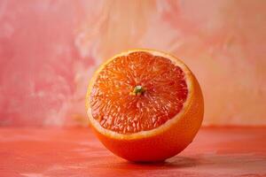 An orange is cut in half on a red background photo