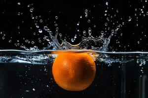 An orange is falling into water photo