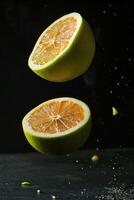 A slice of orange is being thrown into the air photo