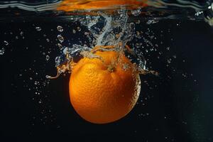 An orange is being splashed in water photo
