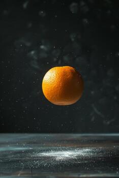 A floating orange on a table photo