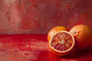 A close up of two oranges on a red table photo