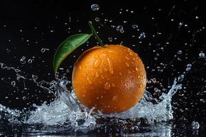 An orange is being splashed with water photo