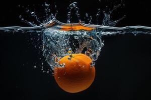 An orange is being splashed into the water photo