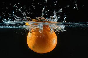 An orange is being splashed in water photo