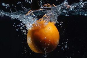 Orange being splashed with water on a black background photo