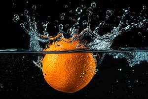 An orange is being splashed with water photo