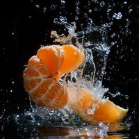 An orange being splashed with water photo
