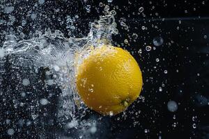 A lemon being splashed with water photo