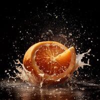Orange juice splashing on black background photo