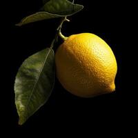 A lemon on a branch with leaves photo