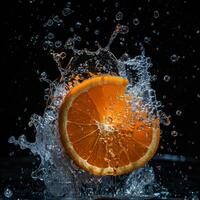 A slice of orange being splashed with water photo