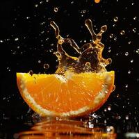 Orange slice with water splash on black background photo
