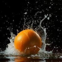 An orange is splashing in water photo