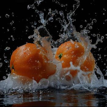 Two oranges are splashing in water photo