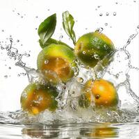 A group of oranges being splashed in water photo