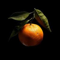 An orange with leaves on it photo