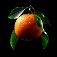 An orange with green leaves on a black background photo