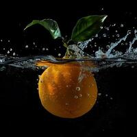 An orange is being splashed in water photo