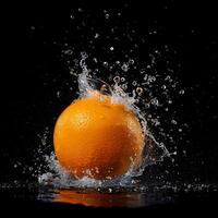 An orange being splashed with water photo